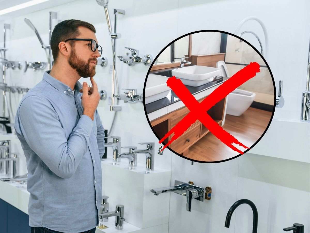 sfondo ragazzo in negozio di sanitari e tondo con bagno e X rossa