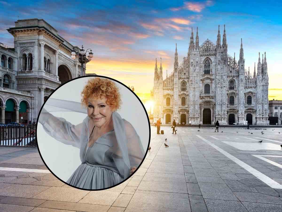 sfondo duomo di Milano con piazza e tondo con Ornella Vanoni