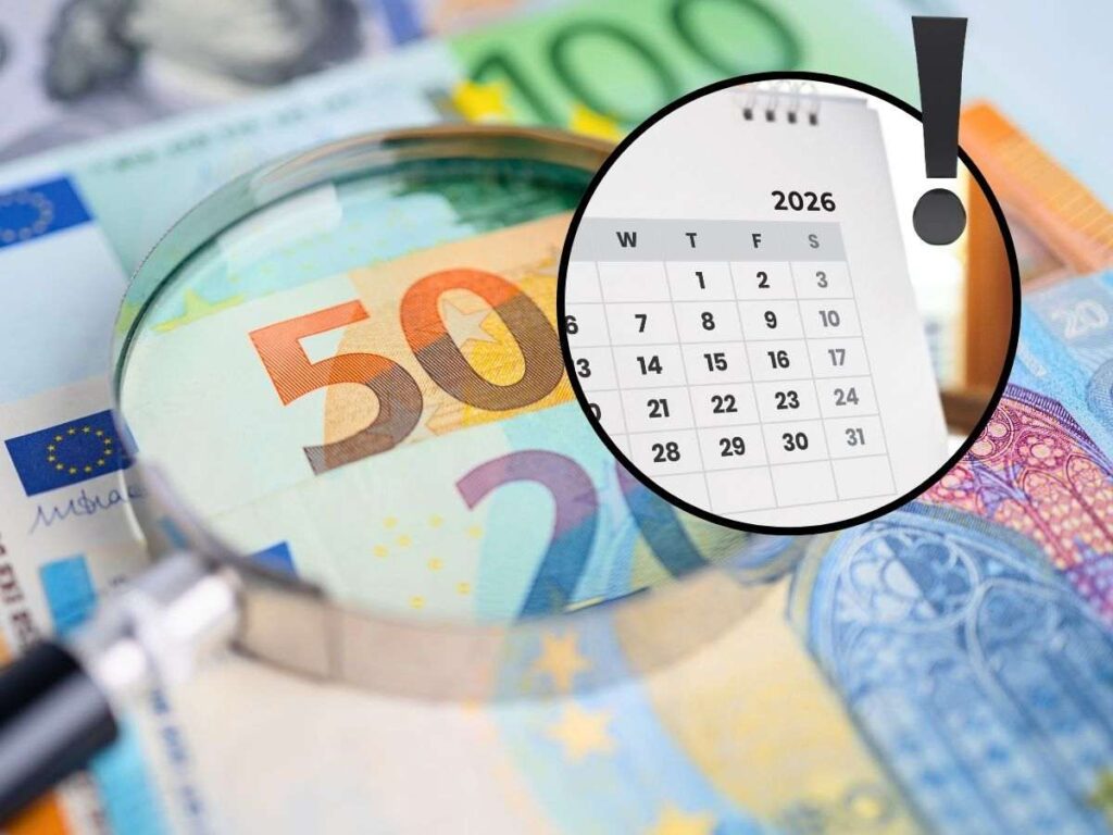 sfondo banconote euro con lente d'ingrandimento e tondo con calendario 2026 e punto esclamativo