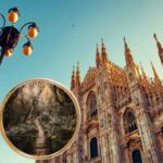 sfondo duomo di Milano e lente d'ingrandimento con luogo misterioso