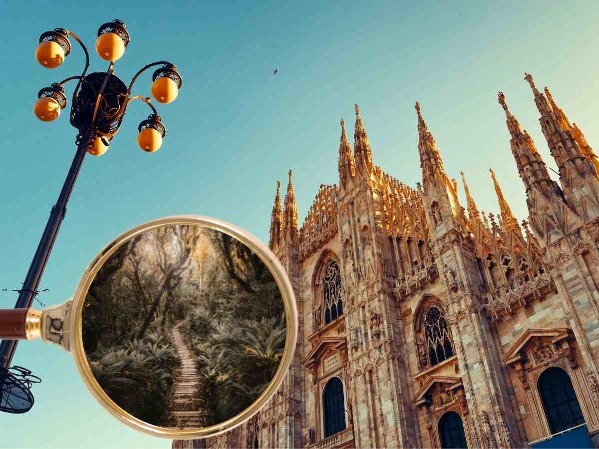 sfondo duomo di Milano e lente d'ingrandimento con luogo misterioso