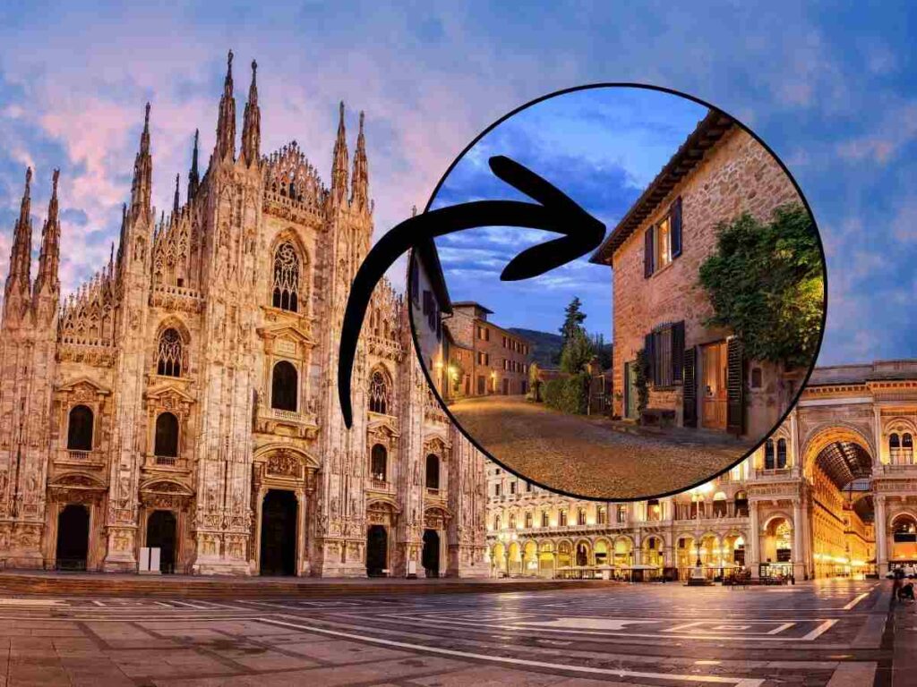 sfondo Duomo di Milano e tondo con freccia che indica Borgo