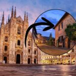 sfondo Duomo di Milano e tondo con freccia che indica Borgo
