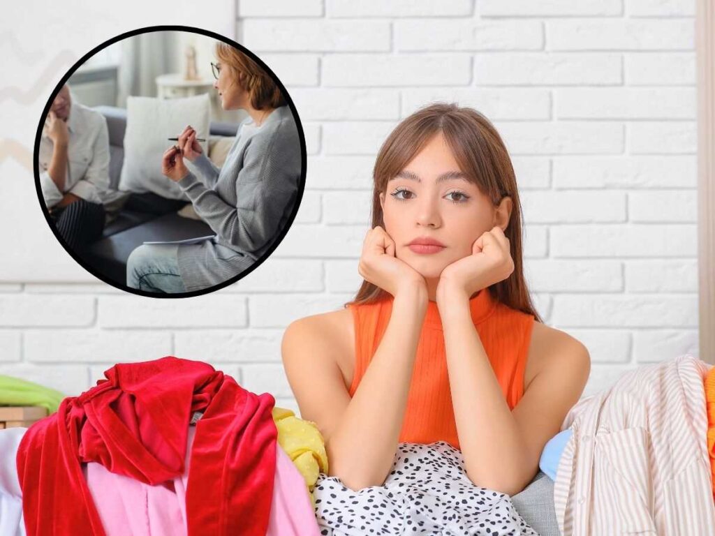 sfondo ragazza con vestiti sparsi per casa e tondo con seduta da psicologa