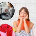 sfondo ragazza con vestiti sparsi per casa e tondo con seduta da psicologa