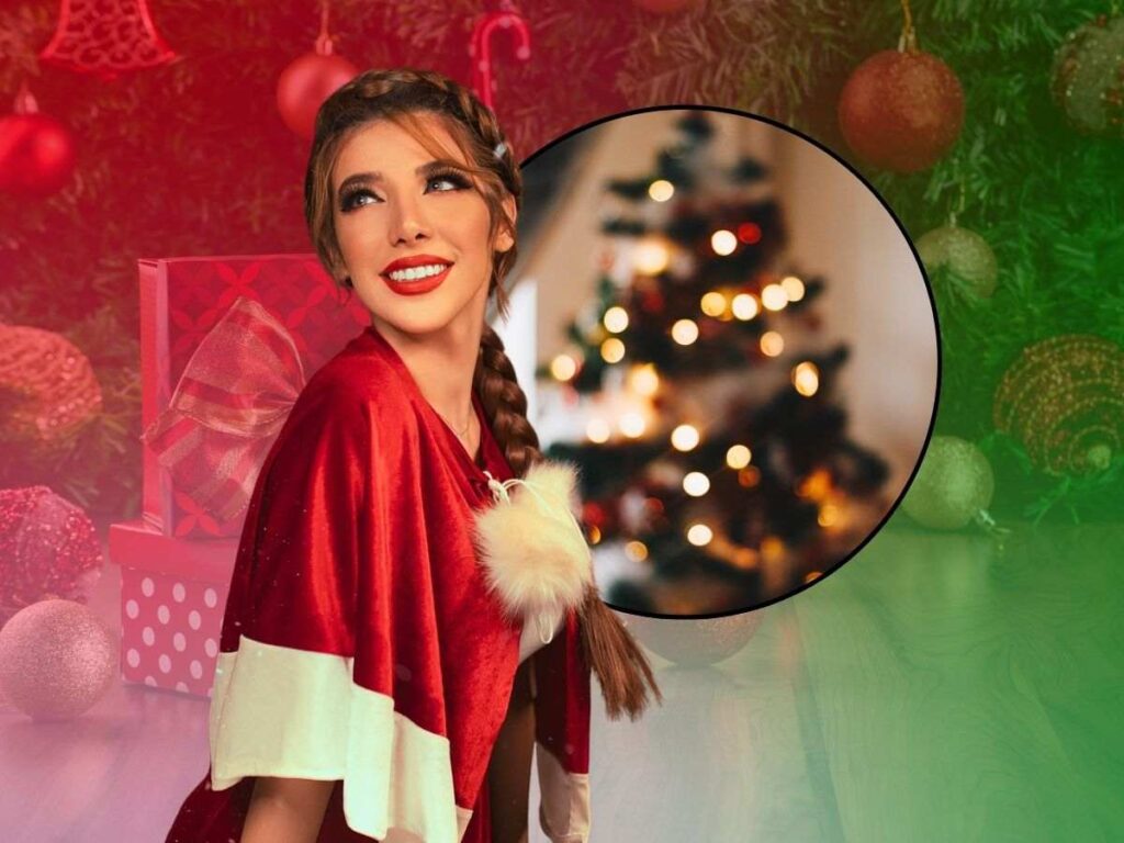 sfondo addobbi con sfumato rosso e verde, tondo con albero di Natale e ragazza