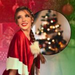 sfondo addobbi con sfumato rosso e verde, tondo con albero di Natale e ragazza