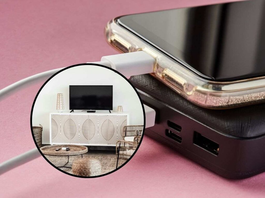 sfondo smartphone in carica e tondo con tv su mobiletto