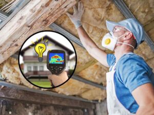 sfondo operaio monta coibentazione termica e tondo con casa analisi termica e lampadina per simbolo idea