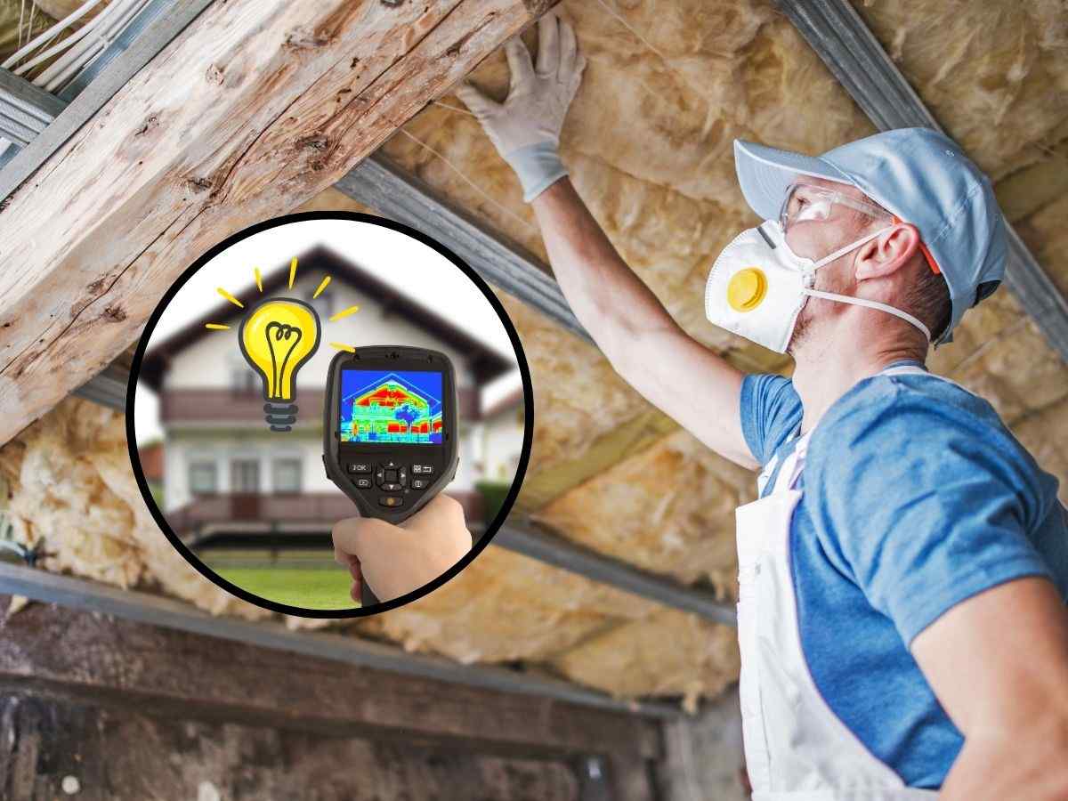sfondo operaio monta coibentazione termica e tondo con casa analisi termica e lampadina per simbolo idea