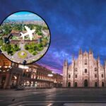 sfondo Duomo di Milano e tondo con edificio e sagoma aereo che vola
