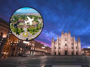 sfondo Duomo di Milano e tondo con edificio e sagoma aereo che vola