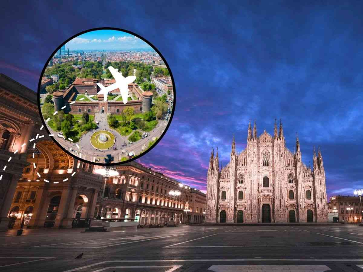 sfondo Duomo di Milano e tondo con edificio e sagoma aereo che vola