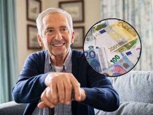 sfondo anziano con bastone e tondo con banconote euro