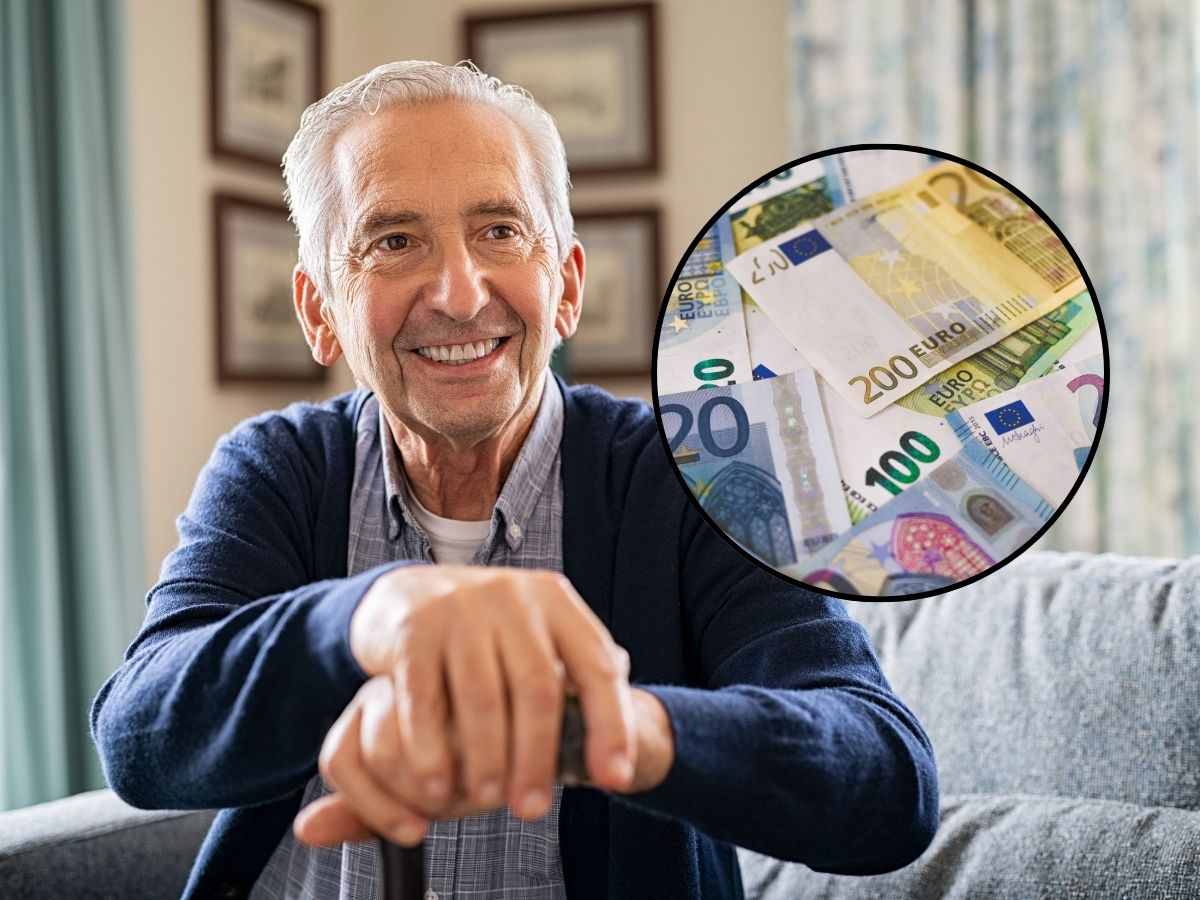 sfondo anziano con bastone e tondo con banconote euro