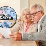 sfondo pensionati leggono Tredicesima e tondo con banconote e scritta Extra