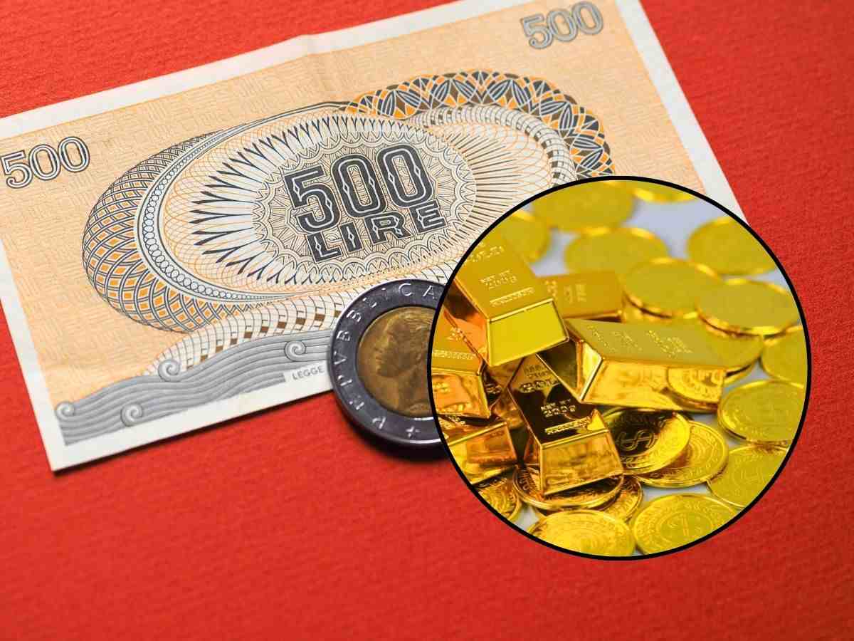 sfondo banconota e moneta Lire e tondo con lingotti d'oro