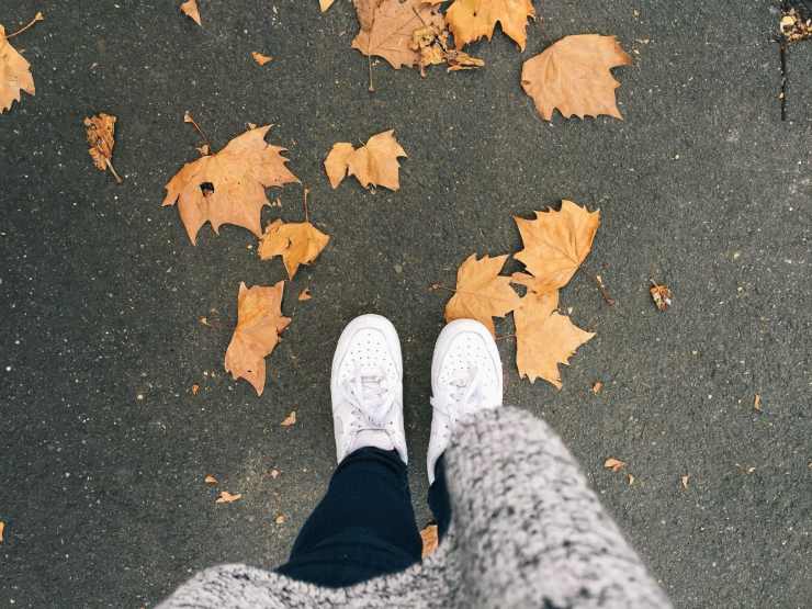 persona che passeggia tra foglie autunnali