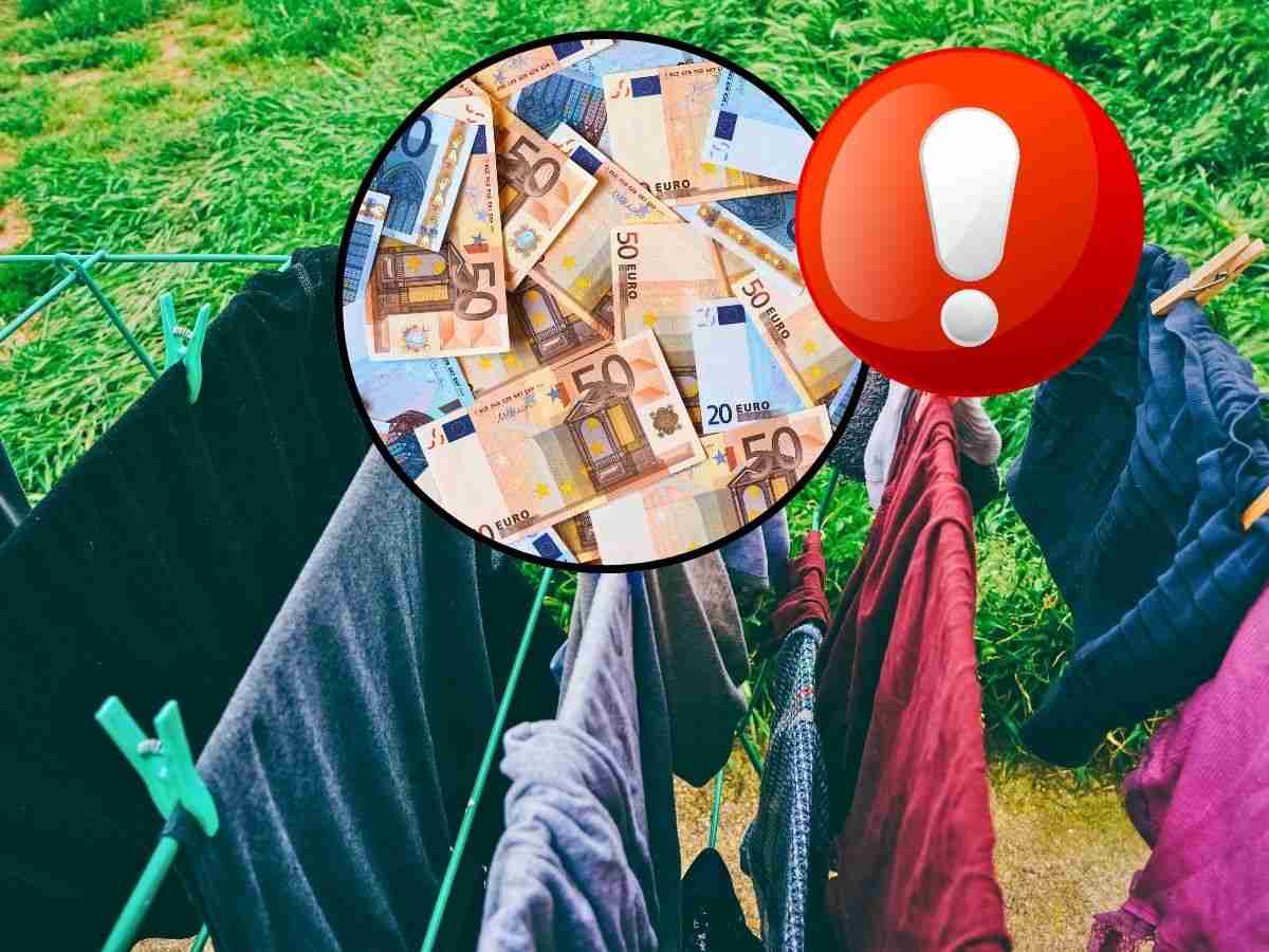 sfondo panni stesi, punto esclamativo emoticon e tondo con banconote euro
