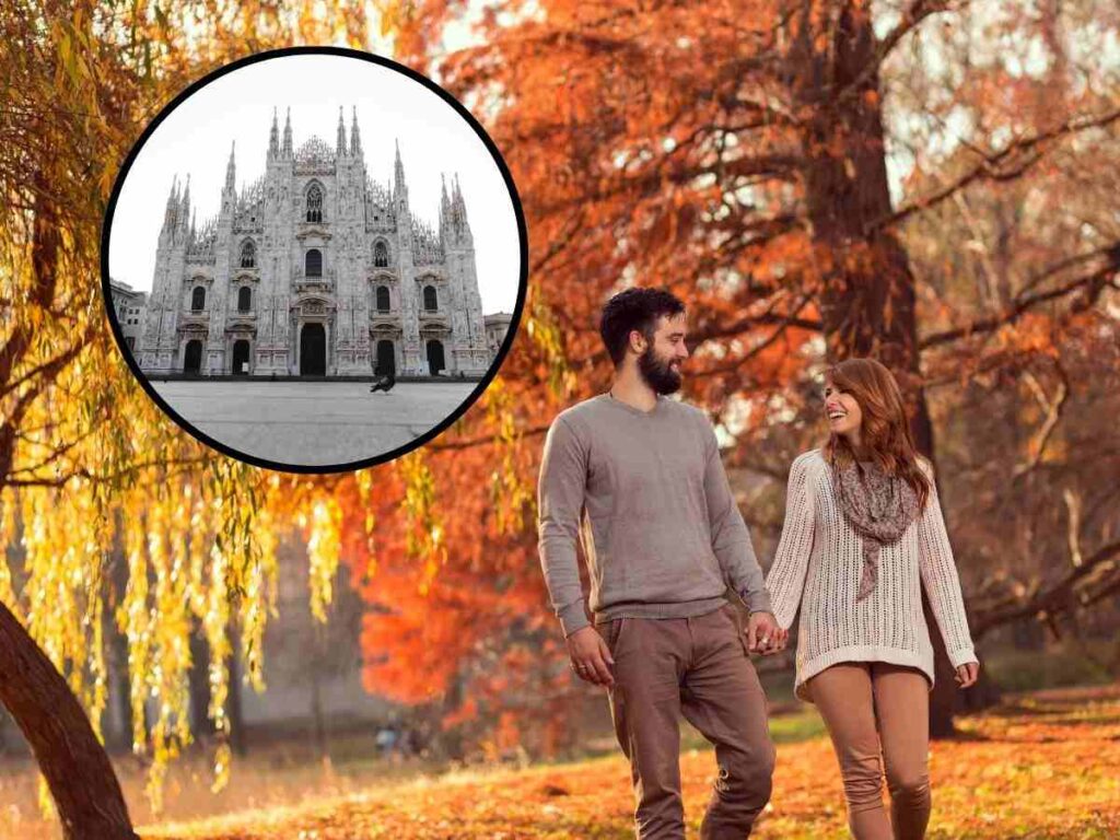 sfondo ragazzi passeggiano in scenario autunnale e tondo con Duomo di Milano