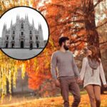sfondo ragazzi passeggiano in scenario autunnale e tondo con Duomo di Milano