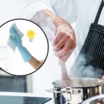 sfondo persona che cucina e tondo con persona che pulisce e simbolo idea