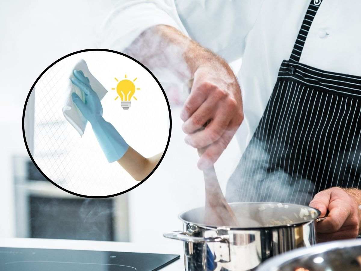 sfondo persona che cucina e tondo con persona che pulisce e simbolo idea