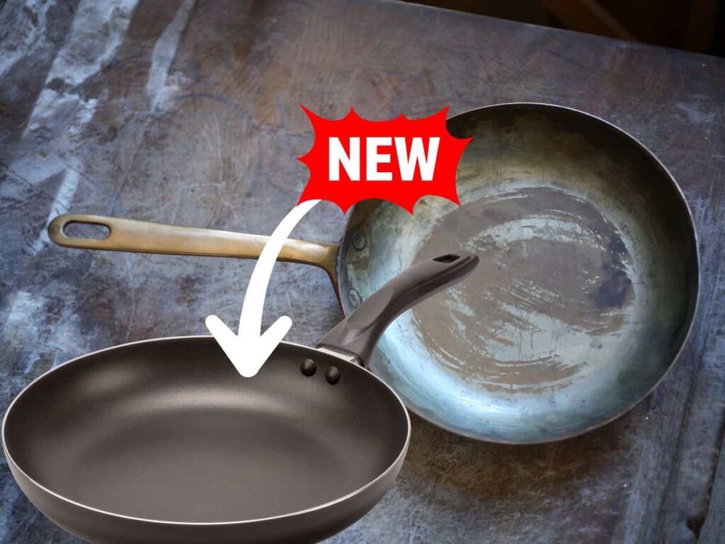 sfondo padella vecchia e nuova e scritta new con freccia