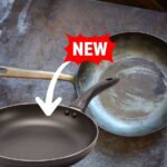 sfondo padella vecchia e nuova e scritta new con freccia