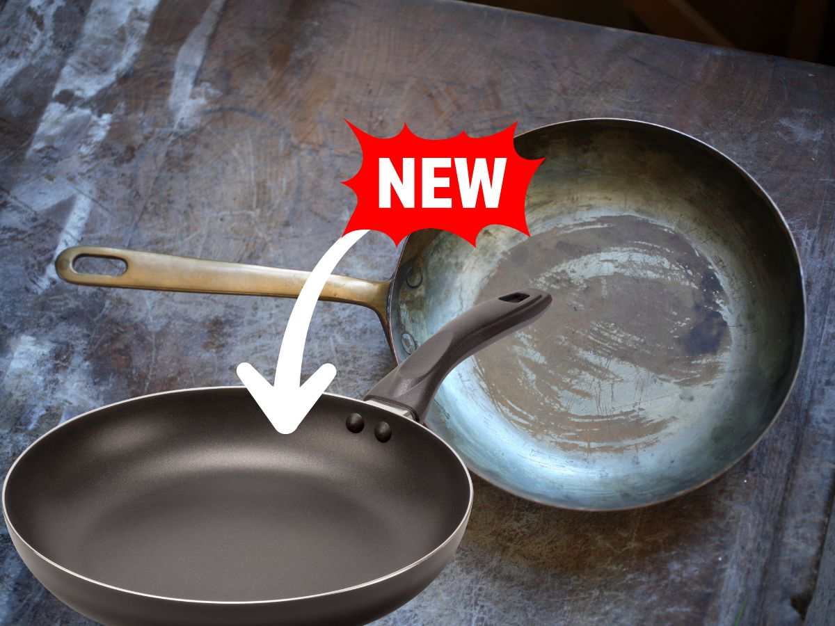 sfondo padella vecchia e nuova e scritta new con freccia