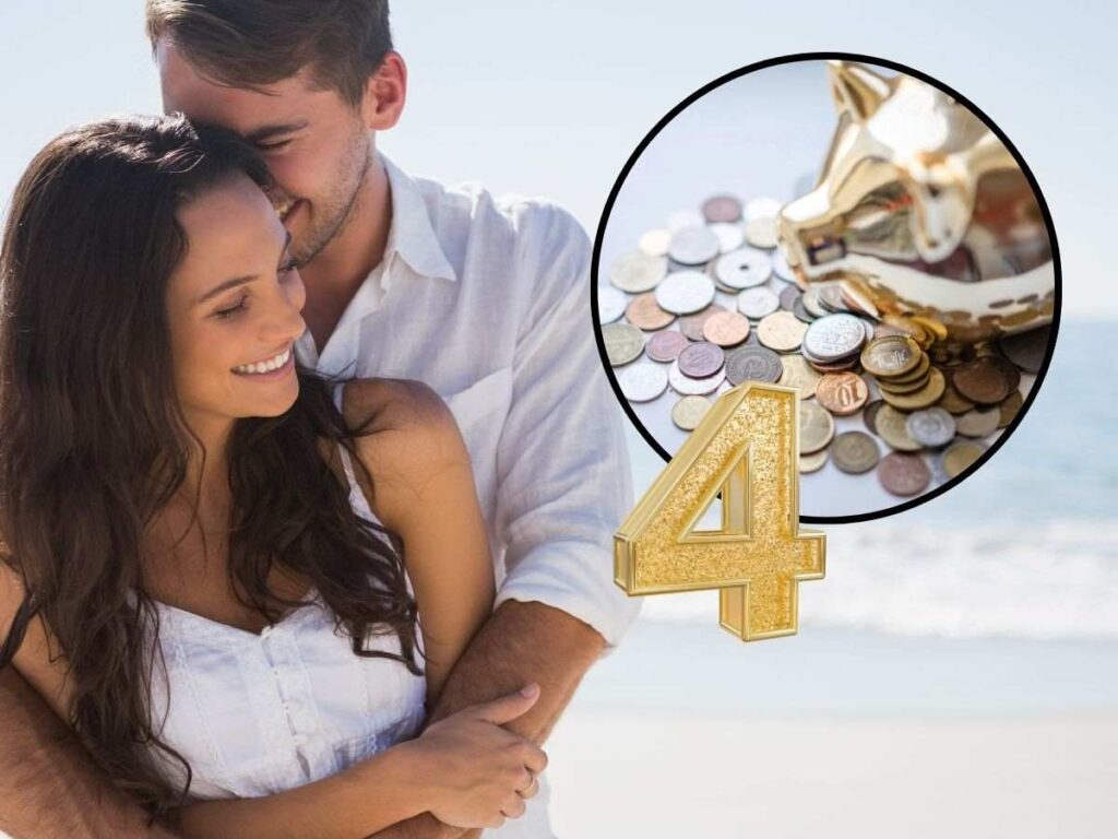 sfondo coppia e tondo con salvadanaio d'oro e monete euro e numero 4