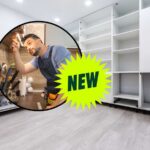 sfondo cucina con pensili e tondo con uomo che fa lavori e scritta NEW
