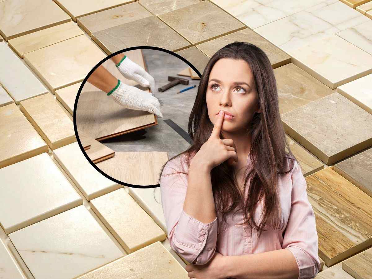 sfondo mattonelle pavimenti, tondo operaio che leva mattonelle e ragazza che pensa