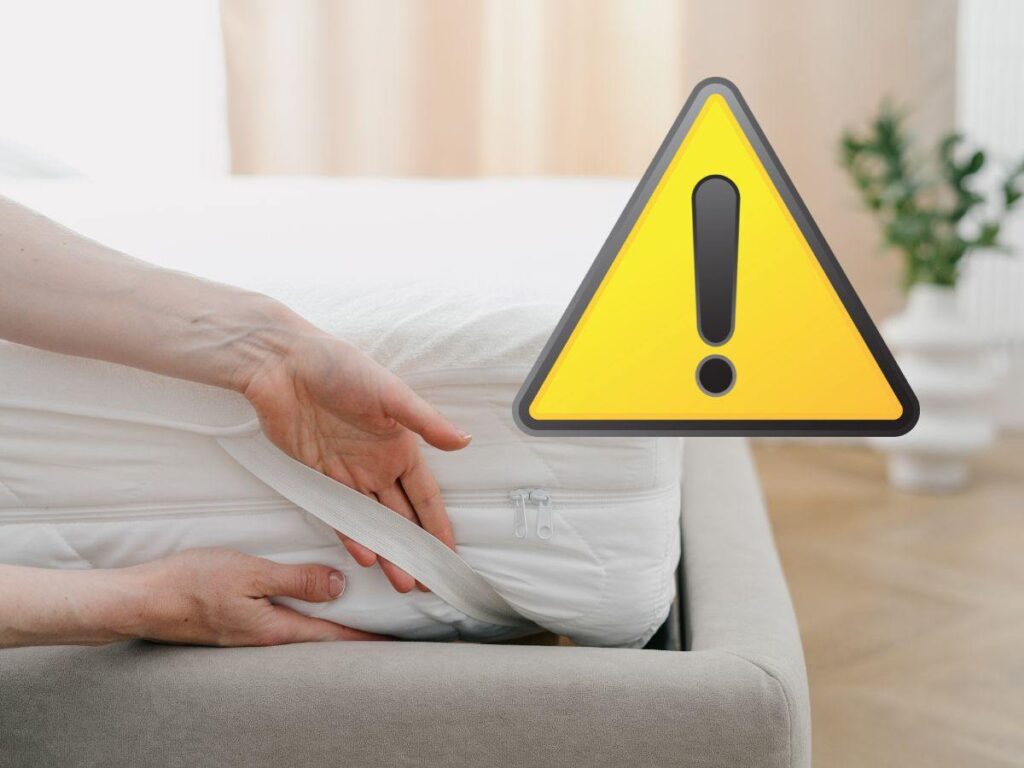 sfondo persona che cambia materasso e cartello con punto esclamativo