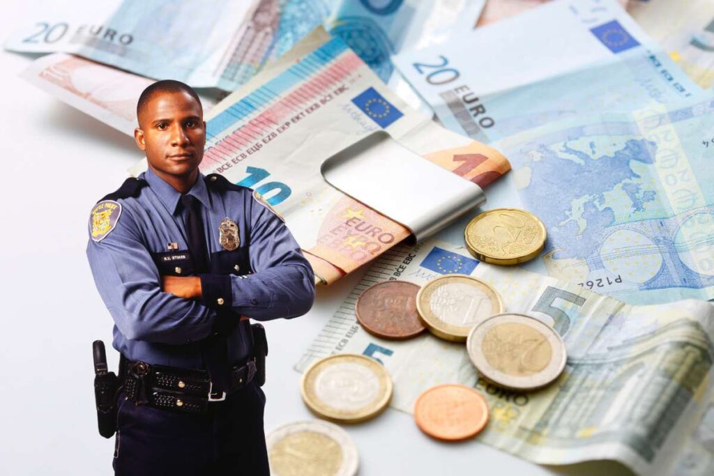 Dei soldi contanti ed un vigile in primo piano