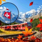 sfondo treno panoramico in scenario autunnale e tondo con bandiera svizzera