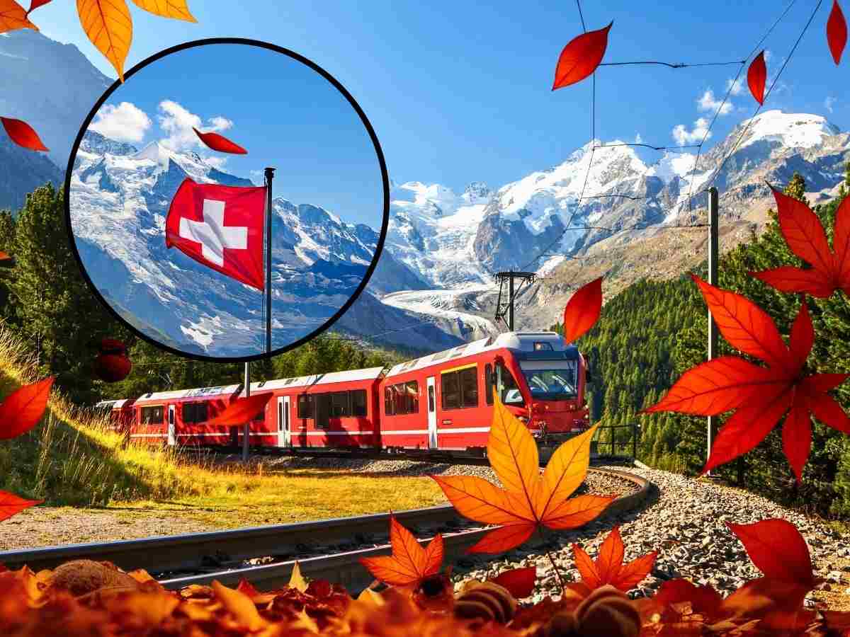 sfondo treno panoramico in scenario autunnale e tondo con bandiera svizzera
