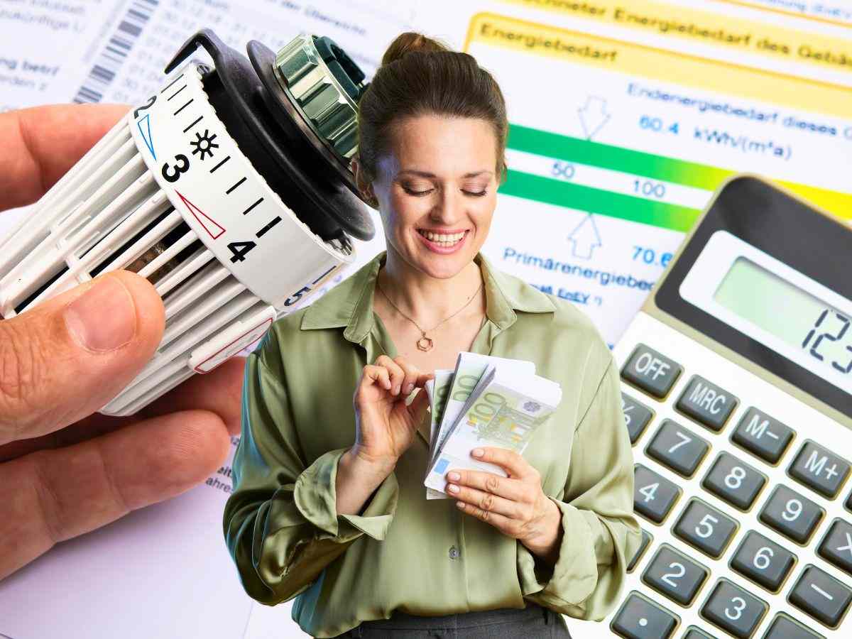 sfondo bollette gas e luce, calcolatrice e contatore in mano, e donna che conta banconote 100 euro