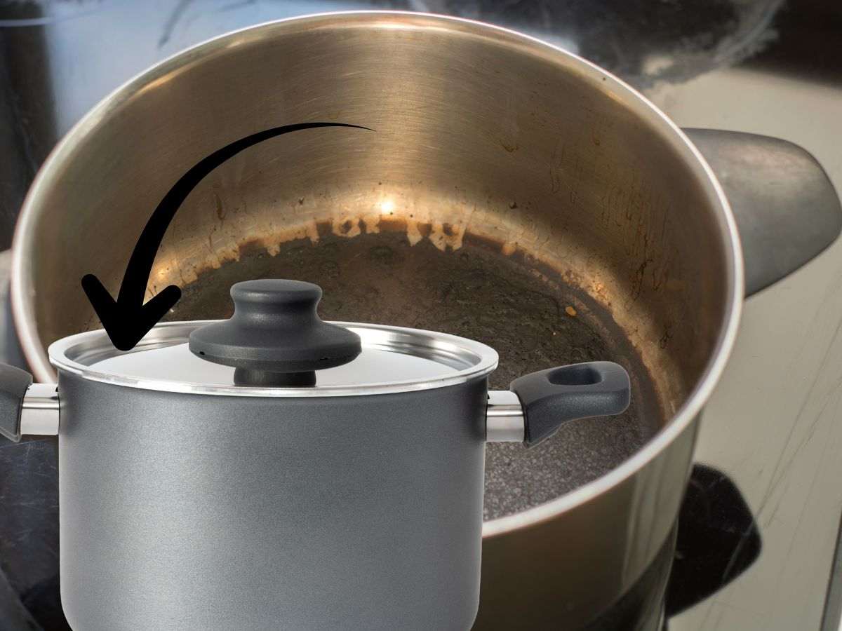 sfondo pentola bruciata e pentola nuova