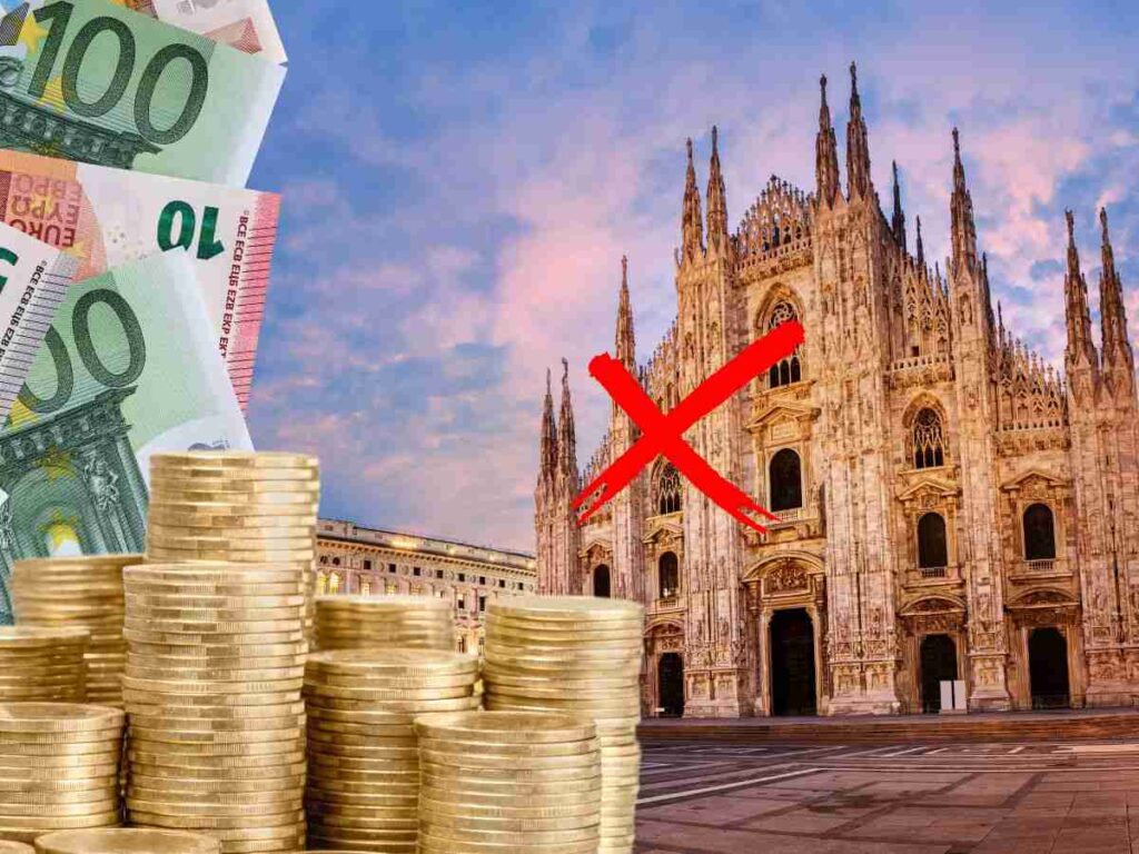 sfondo Duomo di Milano e banconote e monete euro