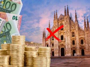 sfondo Duomo di Milano e banconote e monete euro
