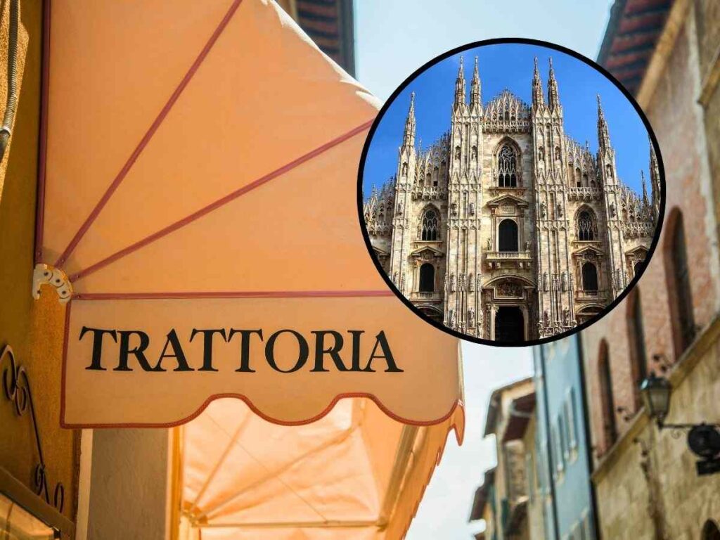 sfondo insegna con scritta Trattoria e tondo con Duomo di Milano