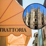 sfondo insegna con scritta Trattoria e tondo con Duomo di Milano