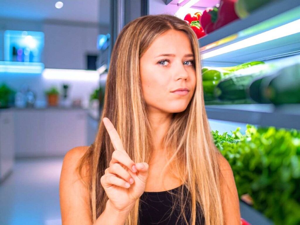 sfondo frigorifero aperto e ragazza che fa no