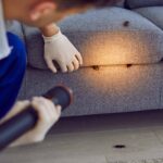 Una persona che con una torcia controlla un divano e vede che ci sono delle cimici