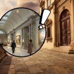 sfondo edifici e tondo con museo d'arte e punto esclamativo