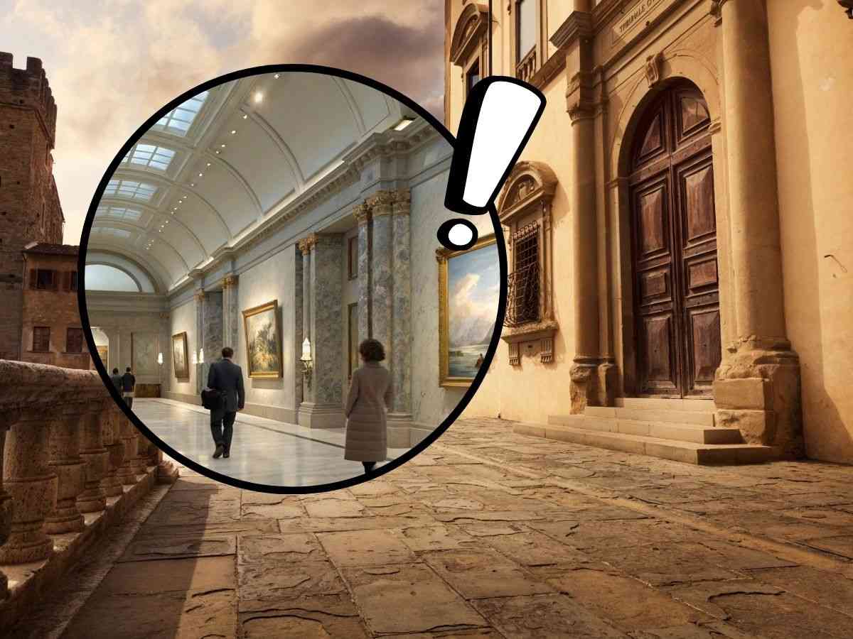 sfondo edifici e tondo con museo d'arte e punto esclamativo