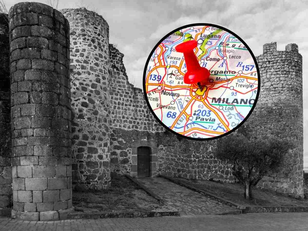 sfondo borgo in pietra e tondo con cartina di Milano