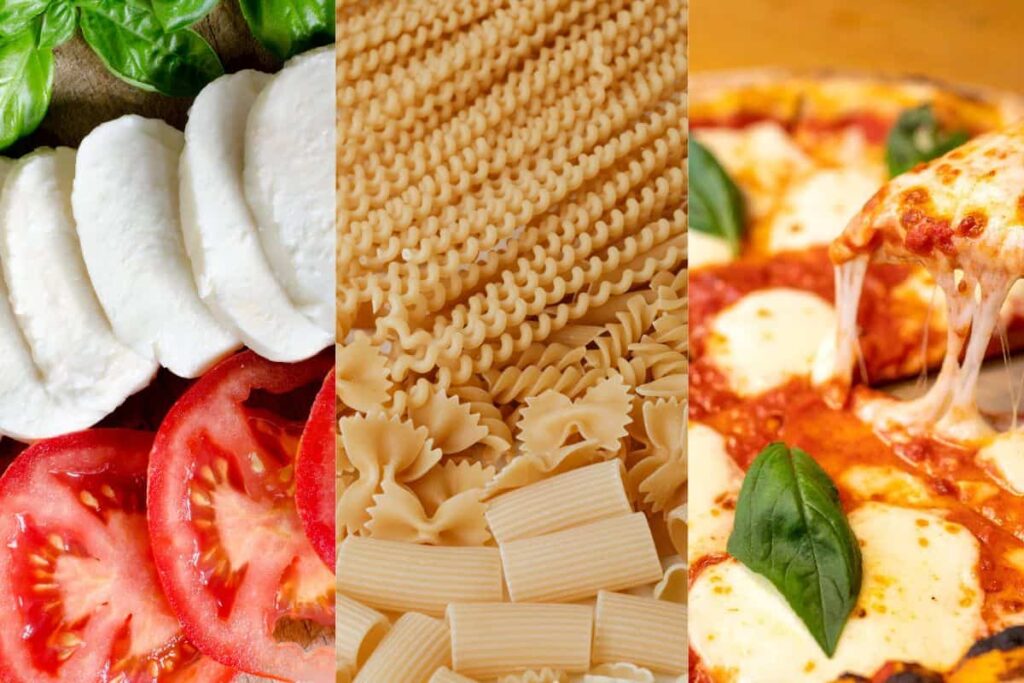 basilico, mozzarella, pomodoro, pasta e pizza napoletana