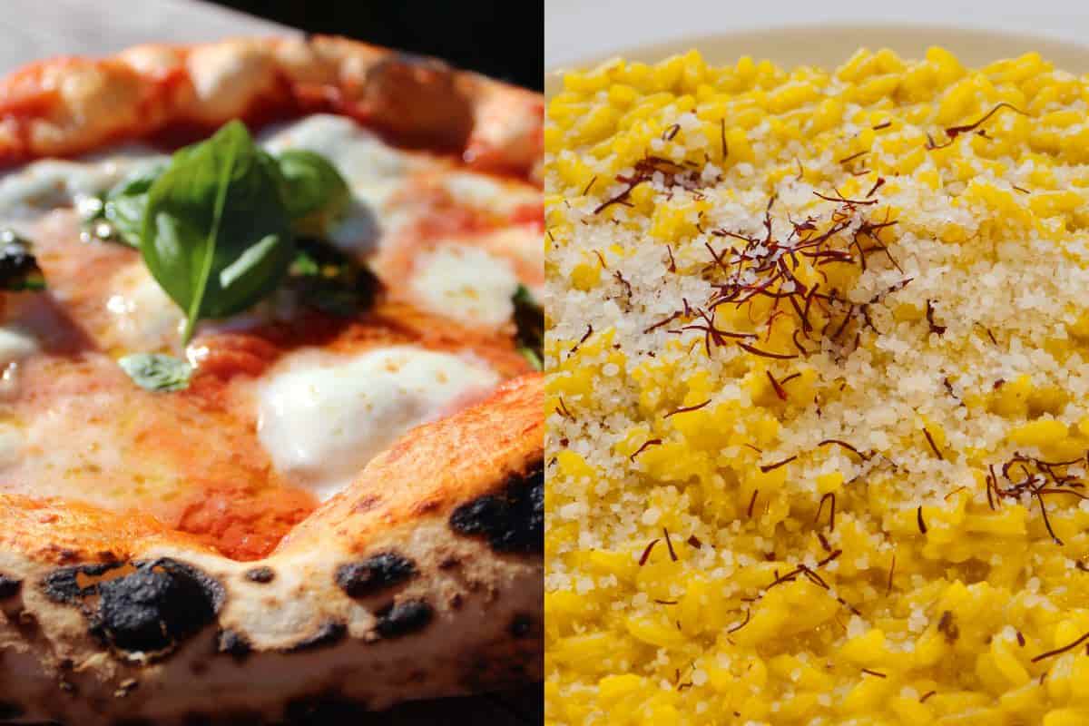 pizza margherita napoletana e risotto alla milanese